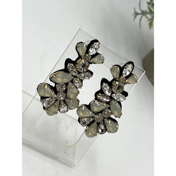 J. Crew Crystal Clear Opal Color Cluster Black Fabric-Backed Statement Earrings - Picture 4 of 16
